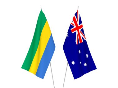 Avustralya ve Gabon 'un ulusal kumaş bayrakları beyaz arka planda izole edildi. 3d resimleme.