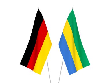 Almanya ve Gabon 'un ulusal kumaş bayrakları beyaz arka planda izole edildi. 3d resimleme.