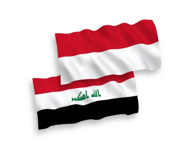 Beyaz arka planda, Endonezya ve Irak 'ın ulusal taşıyıcı kumaş bayrakları izole edildi. 1 'e 2 oranında.