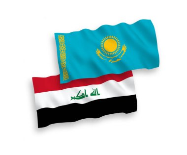 Beyaz arka planda Kazakistan ve Irak 'ın ulusal taşıyıcı kumaş bayrakları izole edildi. 1 'e 2 oranında.