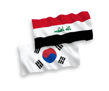 Güney Kore ve Irak 'ın ulusal taşıyıcı kumaş bayrakları beyaz arka planda izole edildi. 1 'e 2 oranında.
