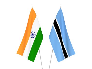 Hindistan ve Botswana 'nın ulusal kumaş bayrakları beyaz arka planda izole edildi. 3d resimleme.