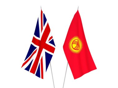 Büyük Britanya ve Kırgızistan 'ın ulusal kumaş bayrakları beyaz arka planda izole edildi. 3d resimleme.