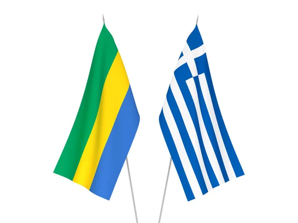 Nationella Tyg Flaggor Grekland Och Gabon Isolerad Vit Bakgrund Återgivning — Stockfoto