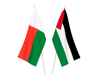 Beyaz arka planda, Filistin ve Madagaskar 'ın ulusal kumaş bayrakları izole edildi. 3d resimleme.