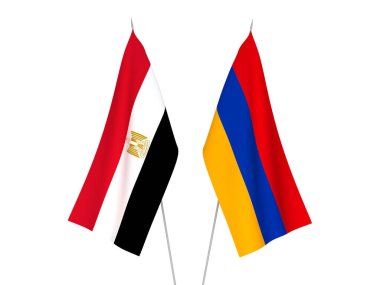 Beyaz arka planda Mısır ve Ermenistan 'ın ulusal kumaş bayrakları izole edildi. 3d resimleme.