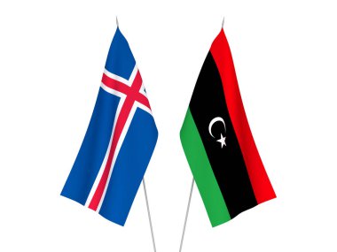Libya ve İzlanda 'nın ulusal kumaş bayrakları beyaz arka planda izole edildi. 3d resimleme.