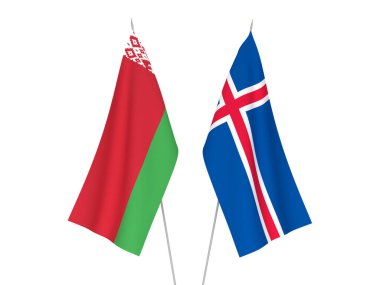 Beyaz arka planda Beyaz Rusya ve İzlanda 'nın ulusal kumaş bayrakları izole edildi. 3d resimleme.