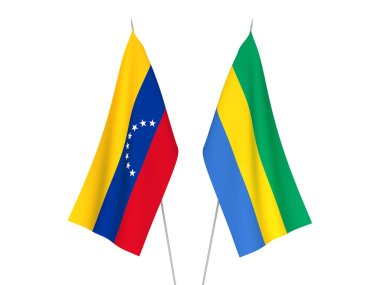 Gabon ve Venezuela 'nın ulusal kumaş bayrakları beyaz arka planda izole edildi. 3d resimleme.