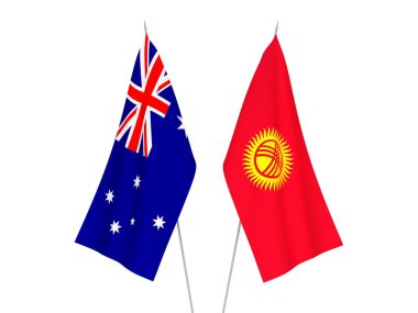 Avustralya ve Kırgızistan 'ın ulusal kumaş bayrakları beyaz arka planda izole edildi. 3d resimleme.