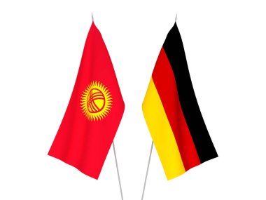 Beyaz arka planda Almanya ve Kırgızistan 'ın ulusal kumaş bayrakları izole edildi. 3d resimleme.