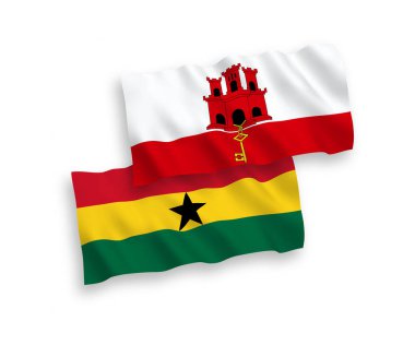 Gana ve Cebelitarık 'ın ulusal taşıyıcı kumaş bayrakları beyaz arka planda izole edildi. 1 'e 2 oranında.