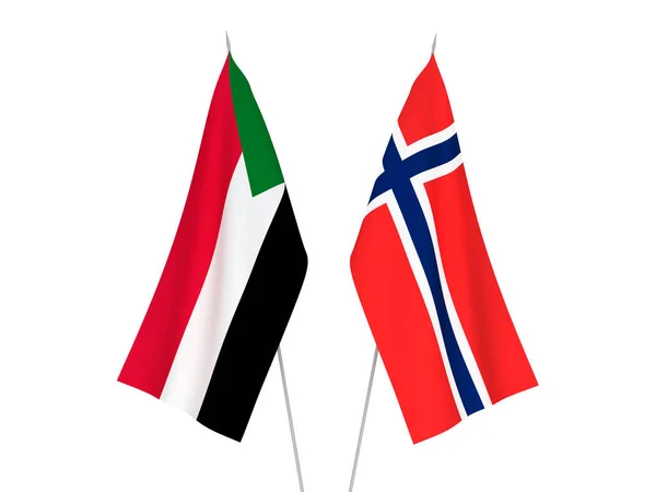 Bandiere Nazionali Tessuto Norvegia Sudan Isolate Sfondo Bianco Illustrazione Rendering — Foto Stock