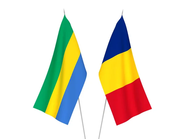 Drapeaux Nationaux Tissu Roumanie Gabon Isolés Sur Fond Blanc Illustration — Photo
