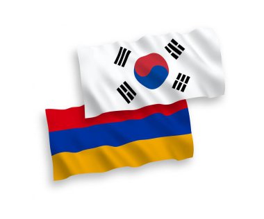 Beyaz arka planda Güney Kore ve Ermenistan 'ın ulusal taşıyıcı kumaş bayrakları izole edildi. 1 'e 2 oranında.