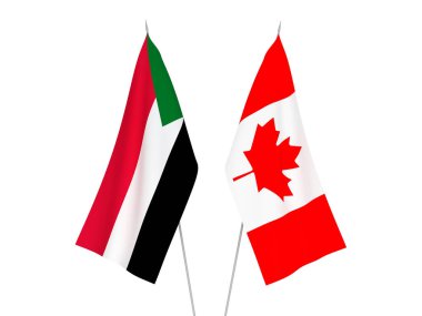 Sudan ve Kanada 'nın ulusal kumaş bayrakları beyaz arka planda izole edildi. 3d resimleme.