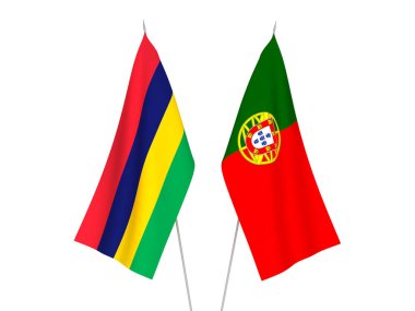 Mauritius Cumhuriyeti ve Portekiz 'in ulusal kumaş bayrakları beyaz arka planda izole edilmiştir. 3d resimleme.