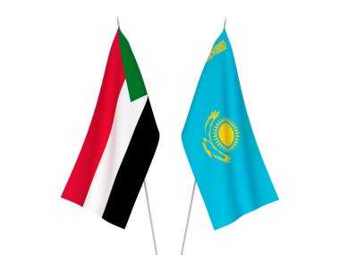 Beyaz arka planda Kazakistan ve Sudan 'ın ulusal kumaş bayrakları izole edildi. 3d resimleme.