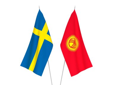 İsveç ve Kırgızistan 'ın ulusal kumaş bayrakları beyaz arka planda izole edildi. 3d resimleme.