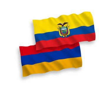 Beyaz arka planda Ermenistan ve Ekvador 'un ulusal taşıyıcı kumaş bayrakları izole edildi. 1 'e 2 oranında.
