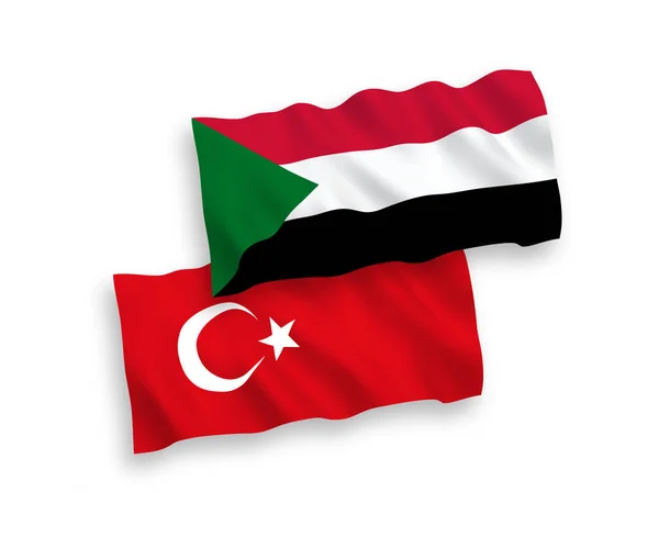 Nationell Vektor Tyg Våg Flaggor Turkiet Och Sudan Isolerad Vit — Stock vektor