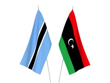 Libya ve Botswana 'nın ulusal kumaş bayrakları beyaz arka planda izole edildi. 3d resimleme.