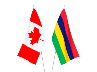 Mauritius ve Kanada 'nın ulusal kumaş bayrakları beyaz arka planda izole edildi. 3d resimleme.