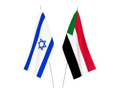 Sudan ve İsrail 'in ulusal kumaş bayrakları beyaz arka planda izole edildi. 3d resimleme.
