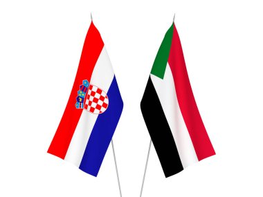 Hırvatistan ve Sudan 'ın ulusal kumaş bayrakları beyaz arka planda izole edildi. 3d resimleme.