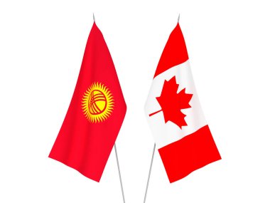 Kırgızistan ve Kanada 'nın ulusal kumaş bayrakları beyaz arka planda izole edildi. 3d resimleme.