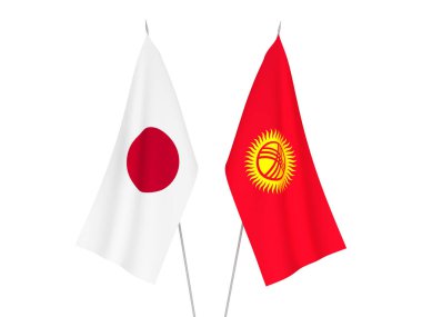 Japonya ve Kırgızistan 'ın ulusal kumaş bayrakları beyaz arka planda izole edildi. 3D tasvir. Tarihi bayrak