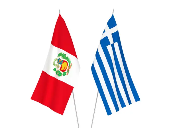 Drapeaux Nationaux Tissu Grèce Pérou Isolés Sur Fond Blanc Illustration — Photo