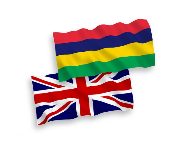 Національні Векторні Хвильові Прапори Великої Британії Маврикію Ізольовані Білому Тлі — стоковий вектор