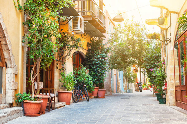 Beautiful street in Chania, Crete island, Greece. Summer landscape. Travel and vacation
