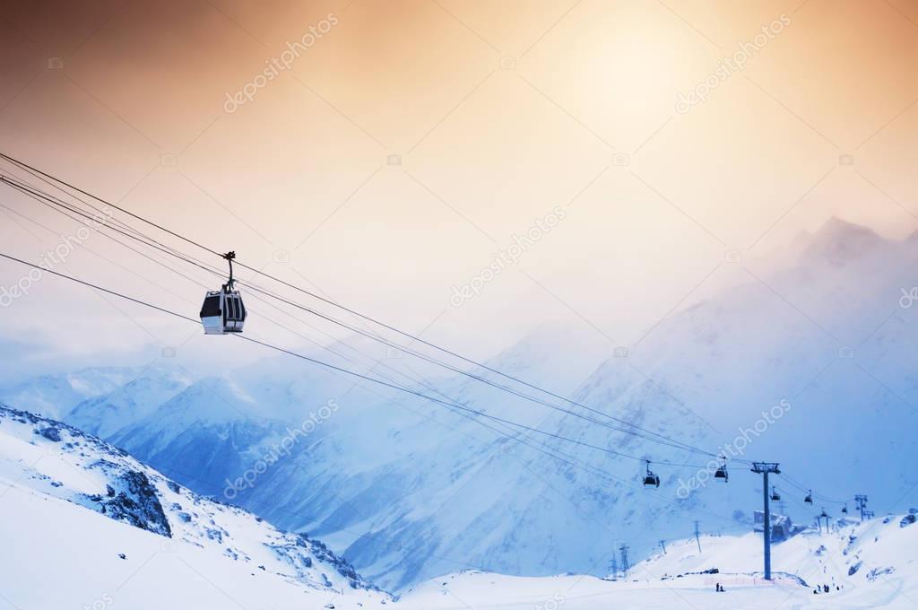 Ski slope and cable car on the ski resort Elbrus.