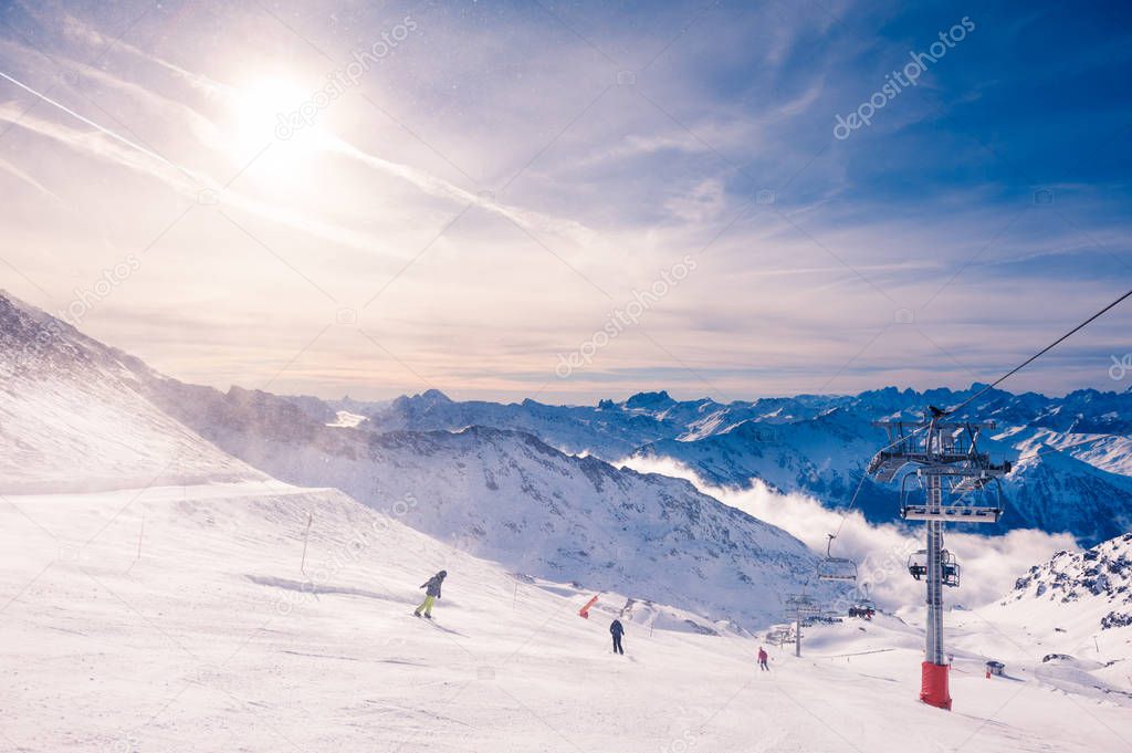 Ski resort in winter Alps. Val Thorens, 3 Valleys, France.