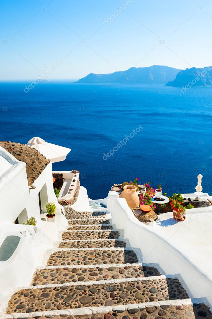 White architecture and blue sea on Santorini island, Greece. 