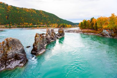 Rusya, Sibirya 'daki Altai Dağları' ndaki Katun Nehri 'nde kaya oluşumları. Gündoğumunda sonbahar manzarası. Balık gözü lensi etkisi