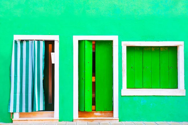 Fenêtre Porte Avec Volets Verts Sur Façade Verte Peinte Maison — Photo