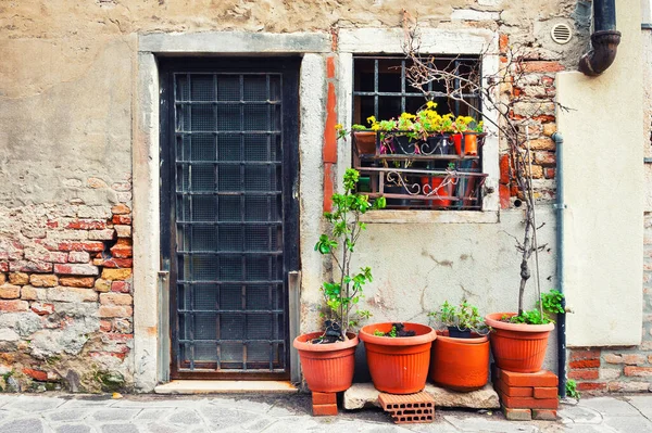 Старая Архитектура Венеции Италия Дверь Окном Цветами Горшках — стоковое фото