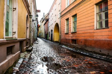 Estonya 'nın Tallinn şehrinde bir sokak manzarası. Yağmurdan sonra ıslak kaldırım taşı