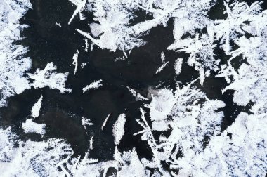 Göldeki buzun yüzeyinde beyaz bir buz tabakası. Makro görüntü. Güzel kış doğası geçmişi