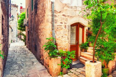 Yeşil süslemeli eski taş evin heykeli. Karadağ 'ın Kotor kentinde güzel bir mimari