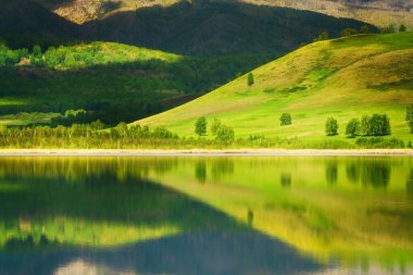 Dağlardaki yeşil ağaçlar ve göldeki yansımaları. Güzel yaz manzarası. Güney Ural, Rusya