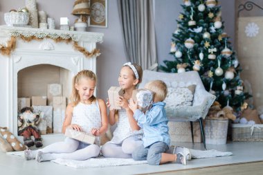 Xmas ağacı yakınındaki mutlu çocuklar