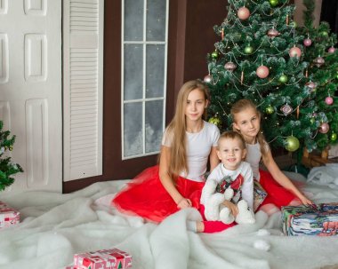 Xmas ağacı yakınındaki mutlu çocuklar