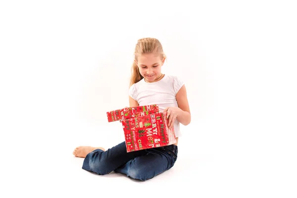 Šťastná dívka s krabičce, samostatný — Stock fotografie