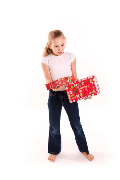 Happy girl with present box isolated — Stock Photo, Image