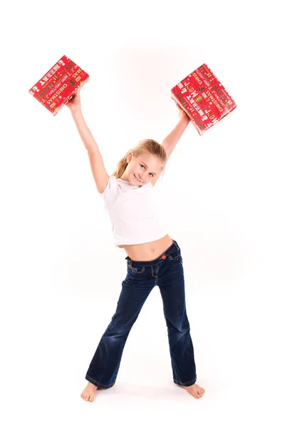 Boldog lány, elszigetelt jelen box — Stock Fotó