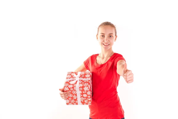 Happy girl with present box isolated — Stock Photo, Image